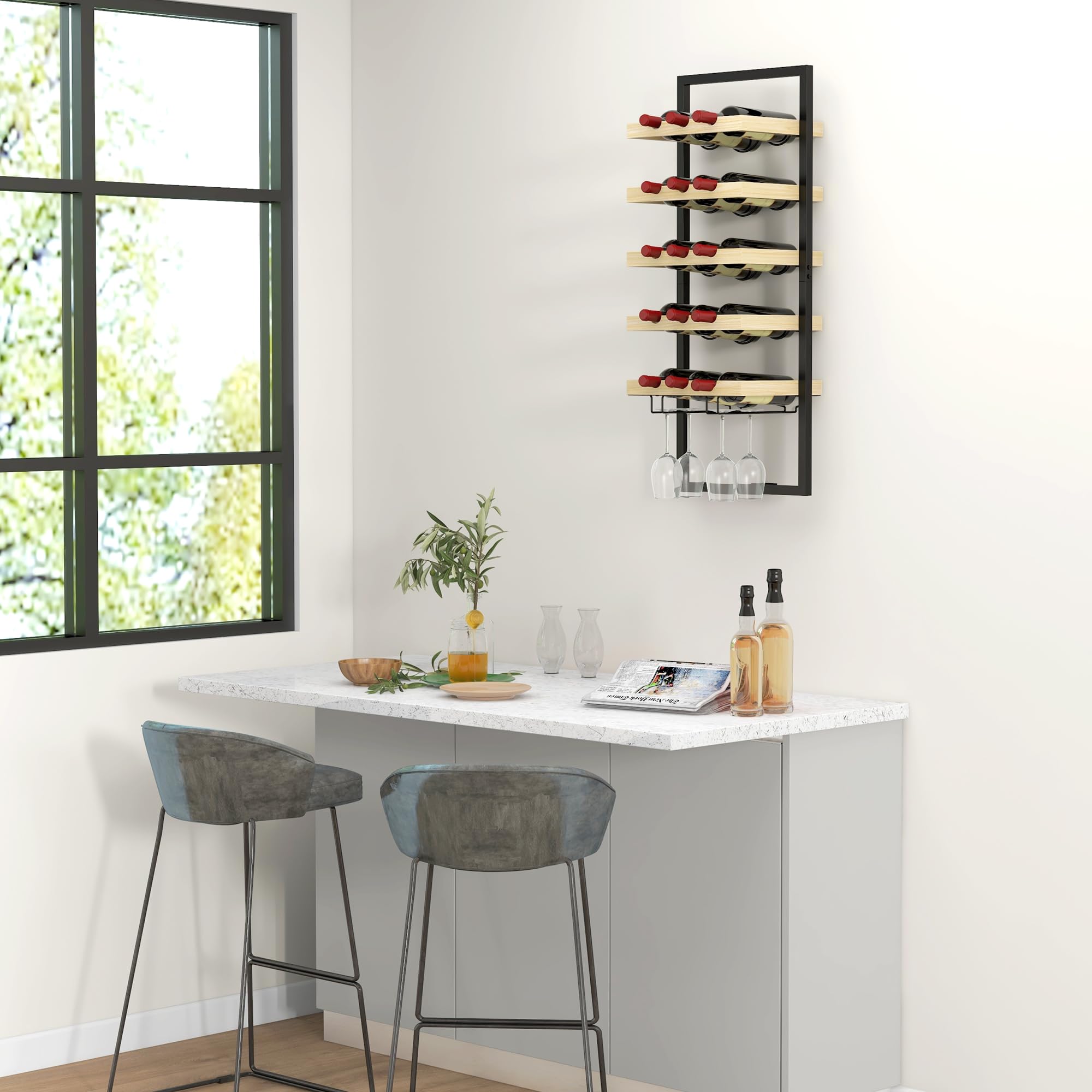 HOMCOM Étagère à vin Murale, Porte-Bouteilles, étagère à Bouteilles 5 Niveaux pour 15 Bouteilles 4 Verres, Bois de pin, 35 x 25 x 86 cm