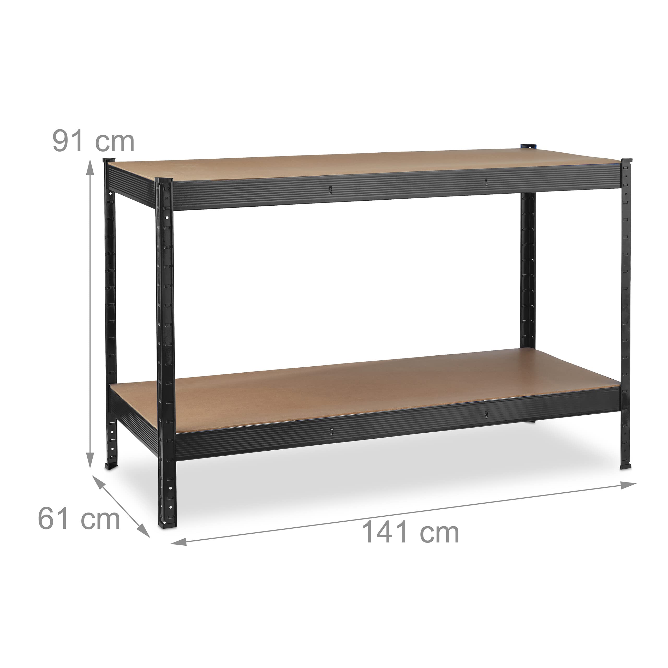 Relaxdays Banco da Lavoro Officina, Tavolo da Garage, 2 Scaffali, Altezza Regolabile, Acciaio e MDF, 91x141x61 cm, Nero