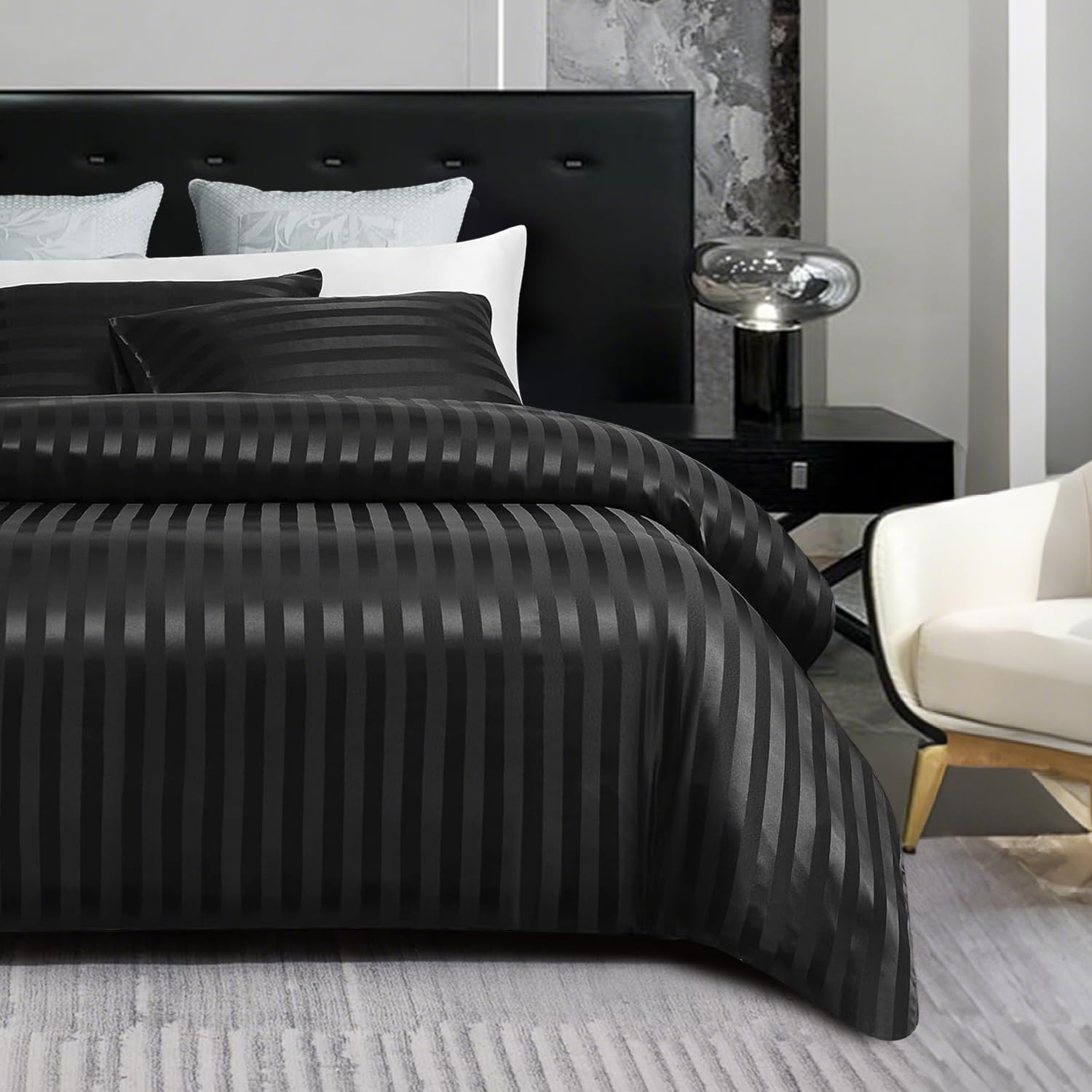 Gezu - Set di biancheria da letto con copripiumino 240x260 cm nero in satin a righe, set letto 240x260 per adulti 2 persone, biancheria da letto in satin di seta liscio e sottile con chiusura lampo e