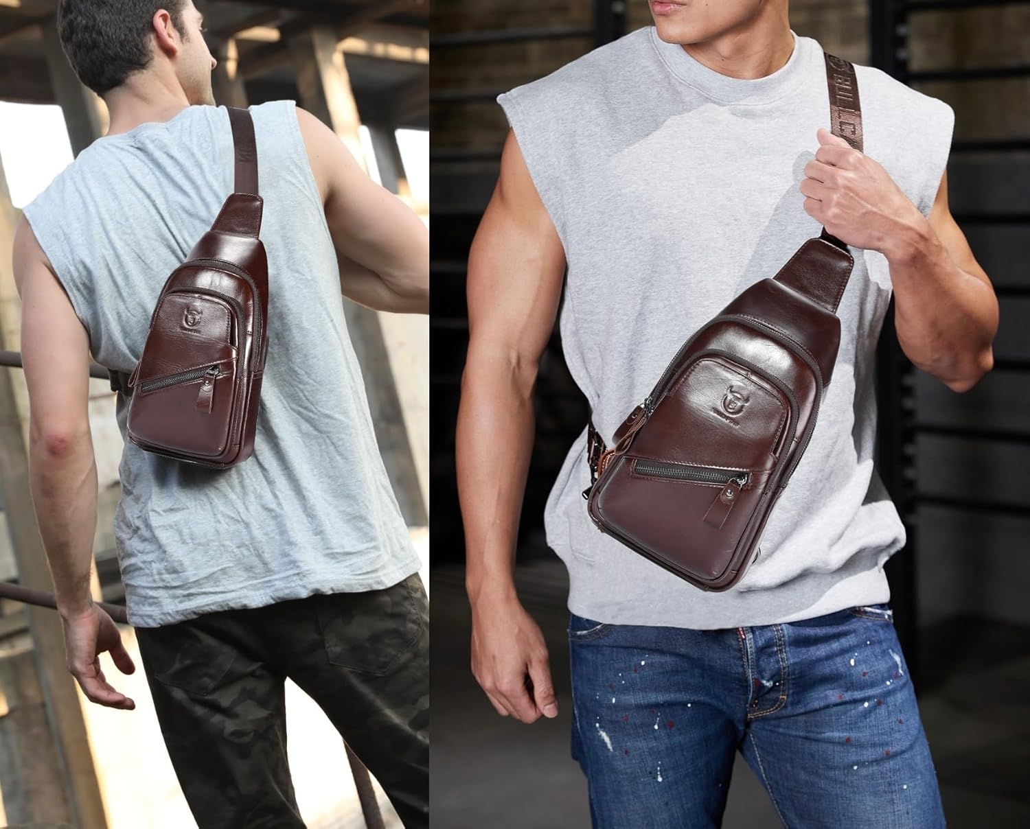 BULLCAPTAIN Leather Sling Chest Bag for Men Outdoor Hiking Travel Crossbody Bag Backpack with USB Charging Port (Black) - Image 6