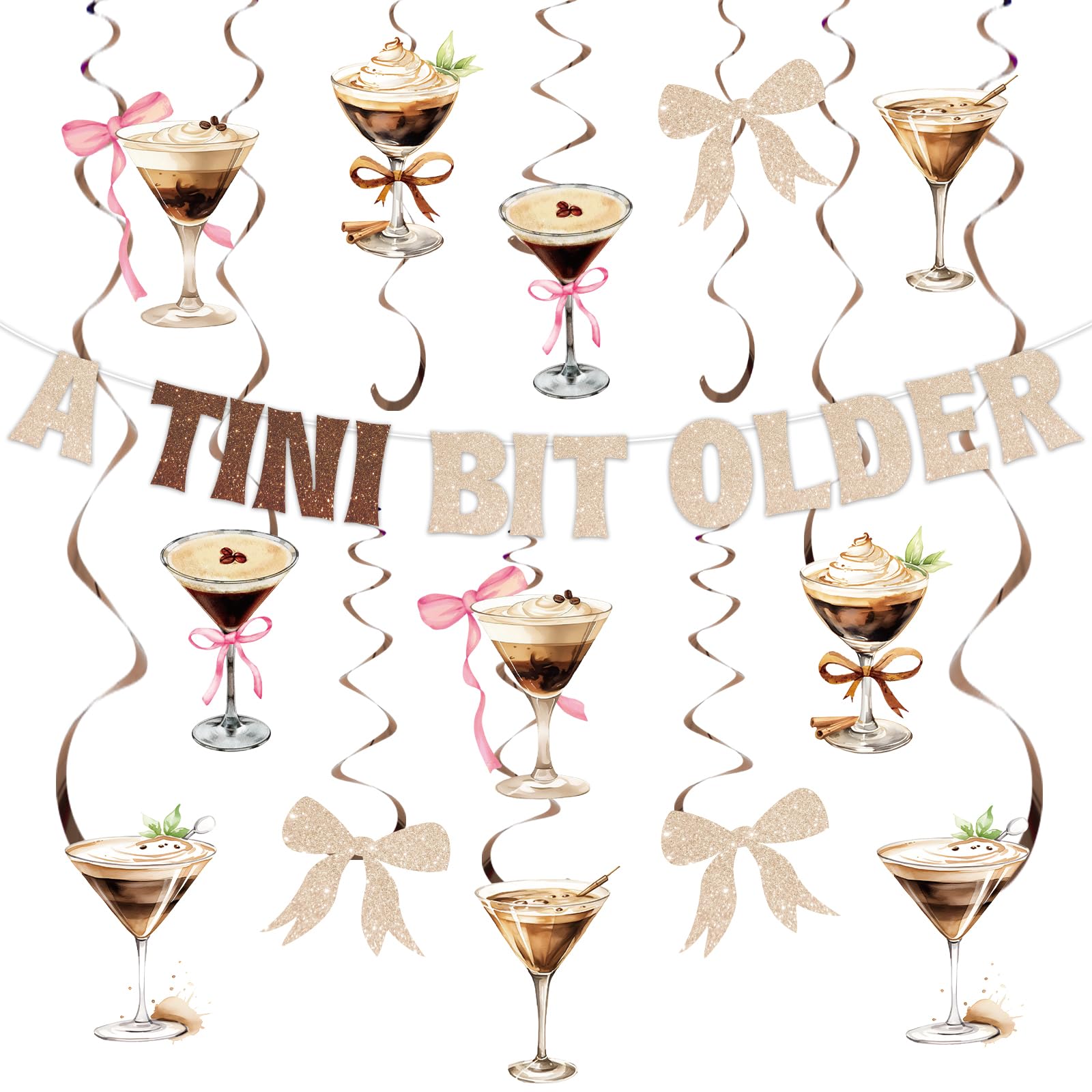 JarThenaAMCS 27Pcs A Tini Bit Older Birthday Party Hanging Decor Espresso Martini Bow Banner Swirl Glitter Brown Bunting Garland with Spiral for Bachelorette Party Bar Decor