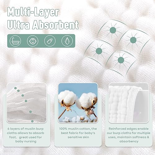 Miniatura 3 de Yoofoss Paños de muselina para eructos, paquete de 10 paños grandes de 20 x 10 pulgadas, 100% algodón, 6 capas súper suaves y absorbentes, color