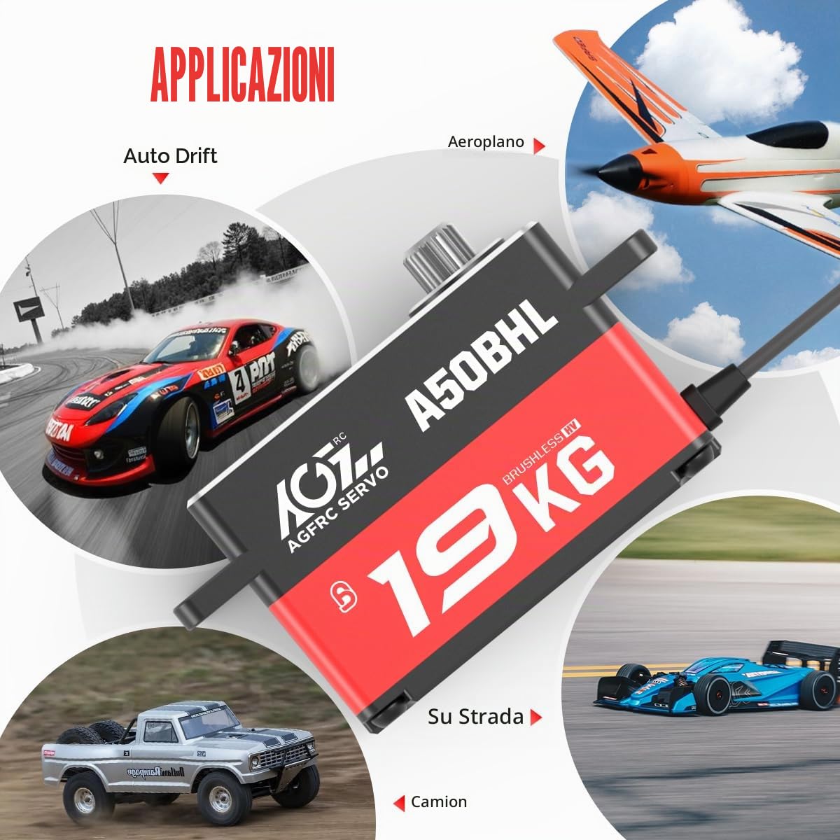AGFRC Servo digitale programmabile ad alta coppia a basso profilo da 19 kg - Servo senza spazzole per ingranaggi in metallo per modelli RC 1/10, angolo di controllo 180 ° (A50BHL e AGF-SPV3)