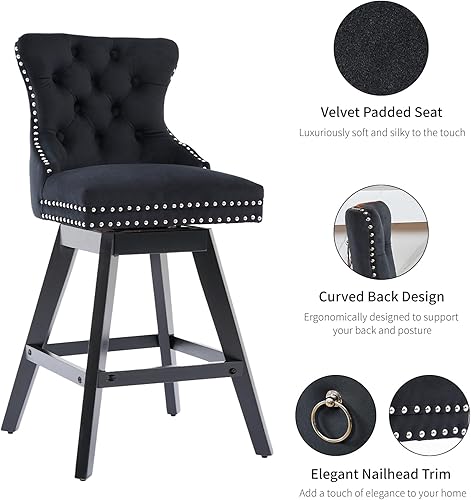 Miniatura 5 de Juego de 2 taburetes de bar giratorios modernos, taburetes de bar negros de 25.9 pulgadas con respaldo para isla de cocina, sillas de isla tapizadas