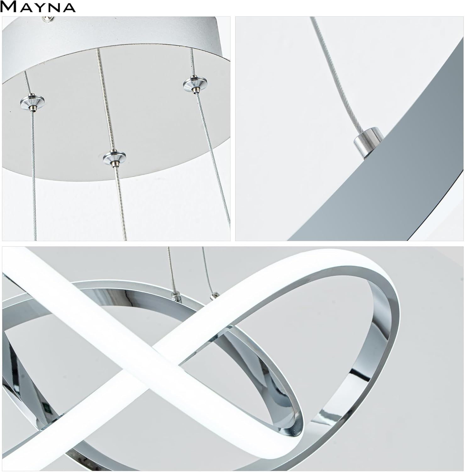 MAYNA Modern LED Chandelier for Dining Room, Dimmable LED Pendant Light with Remote, Irregular Infinity Light Fixture for Kitchen Island, 3 Color Changeable Chandelier, Chrome 19.7 inch