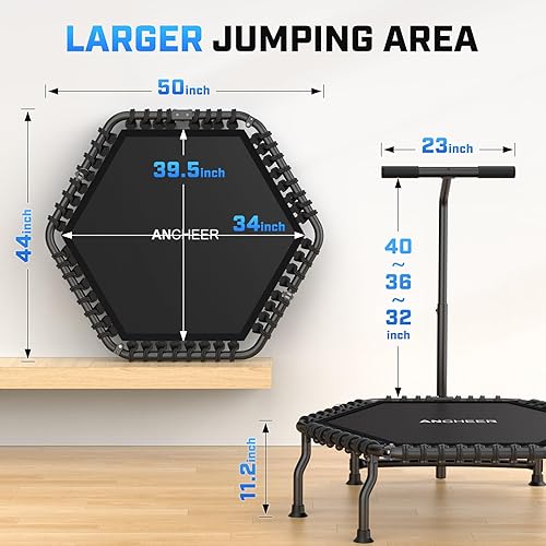Miniatura 7 de ANCHEER Trampolín, trampolín de rebote de 50'' para adultos con barra, mini trampolín para interiores y exteriores, trampolín de fitness de 550LBS