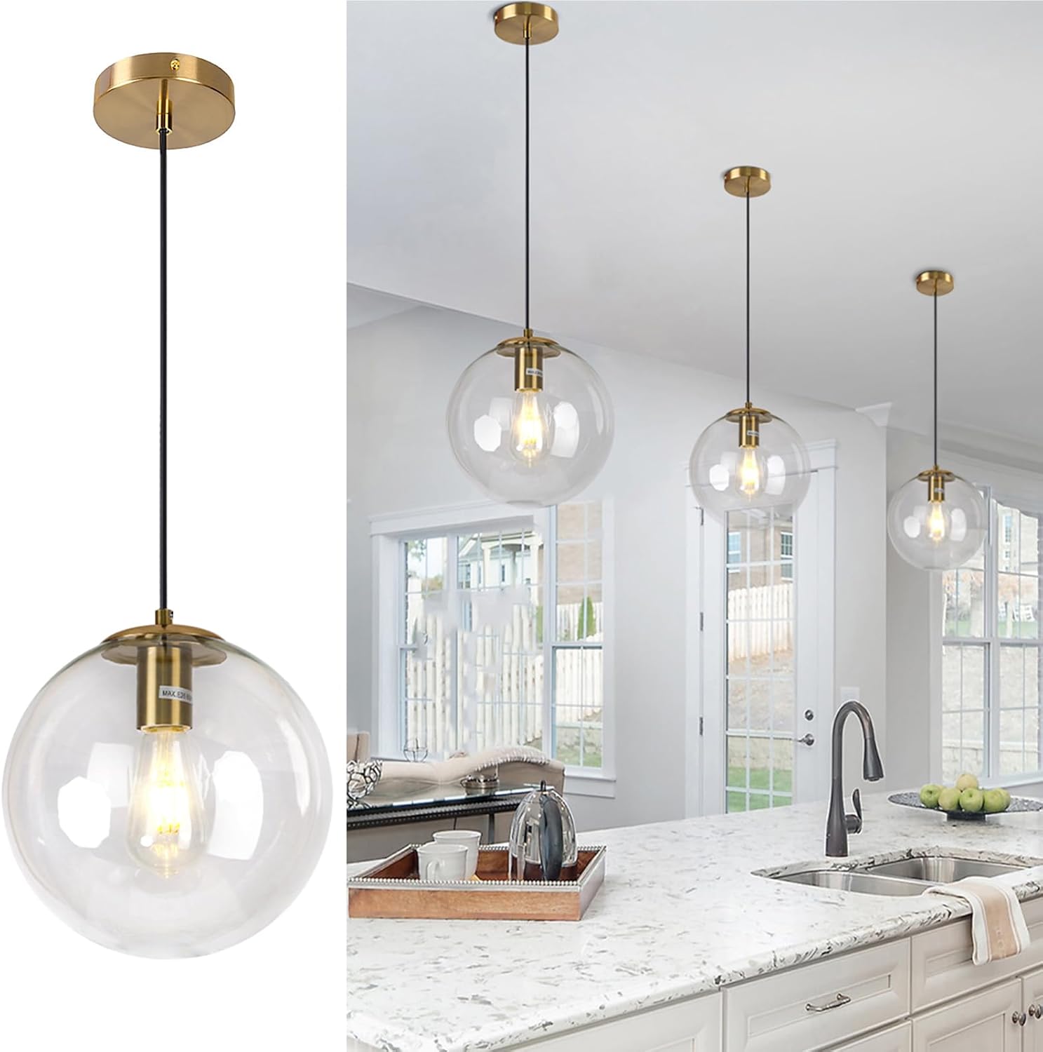 Modern Gold Globe Pendant Light, 10" Mid Century Brushed Brass Hanging Pendant Light Fixtures with Clear Glass for Kitchen Island Dining Room Bedroom Hallway Foyer, Adjustable Height