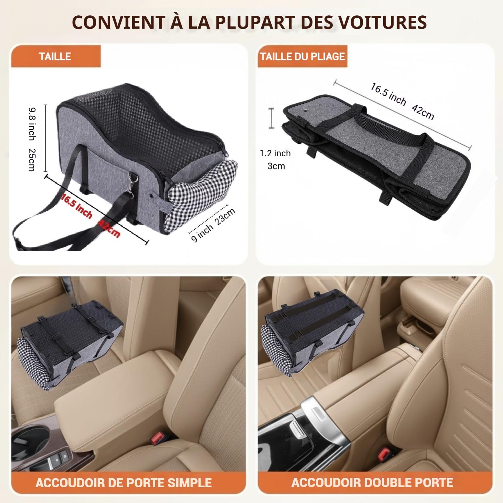 Siège de Voiture Console Centrale pour Chien, siège de Voiture pour Chiot, Console Centrale pour Petit Chien (Gris)