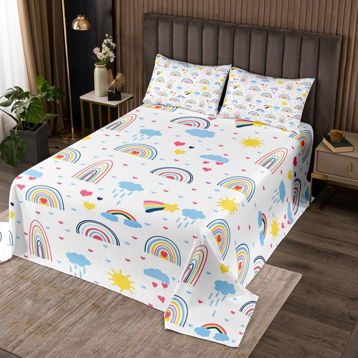 Feelyou Rainbow Pattern Bedspread Twin Size Boho Rainbow Coverlet Set Colorful Stripes Quilt Set Heart Love Bedding Cover for Boys Girls Kids Adults