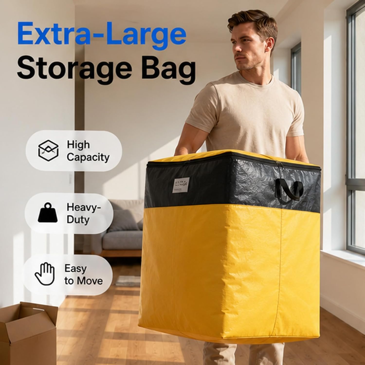 Large Collapsible Storage Bag with Handles, Collapsible Storage and Moving Bag – Heavy-Duty PE, Reusable Folds Packing Bags for Moving, Heavy Duty Waterproof Moving Storage Totes (Yellow, 47gal‌)