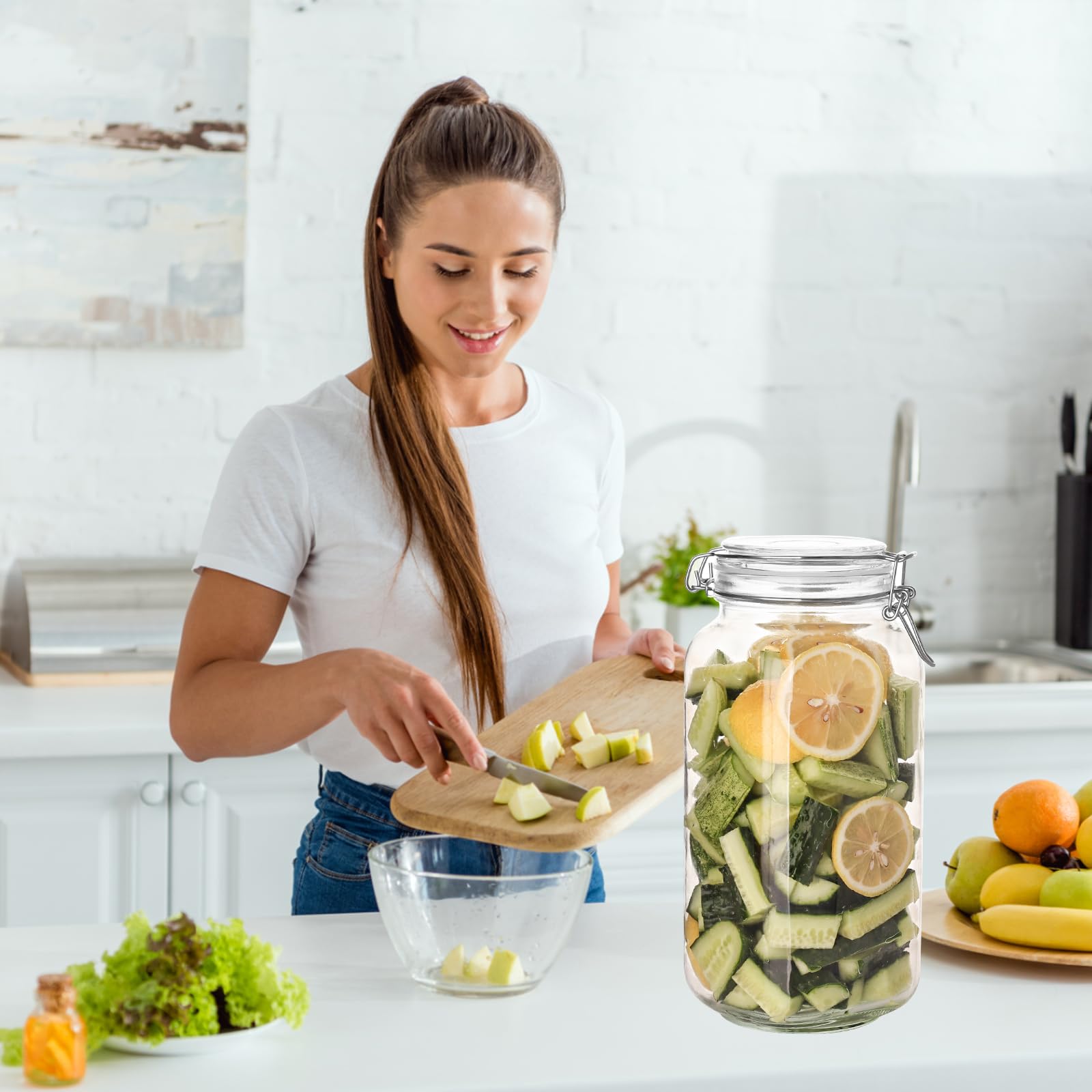 Barattoli in vetro per alimenti da 2,211 g, con coperchi ermetici, confezione da 3 barattoli da cucina grandi per farina, cereali, fagioli, pasta e conserve, barattoli quadrati con etichette