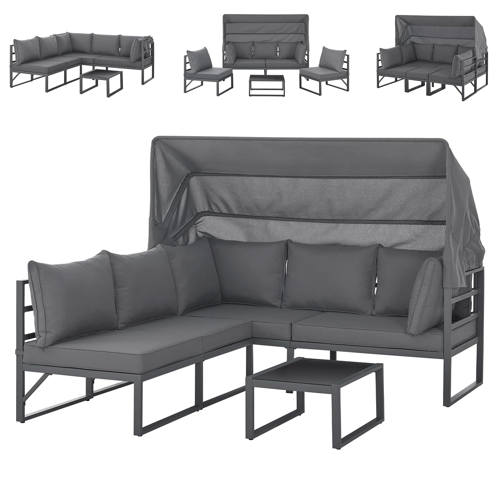 SVITA Maui Gartenmöbel-Lounge-Set mit Dach Outdoor-Sofa Strandkorb-Sonneninsel Stahl Grau