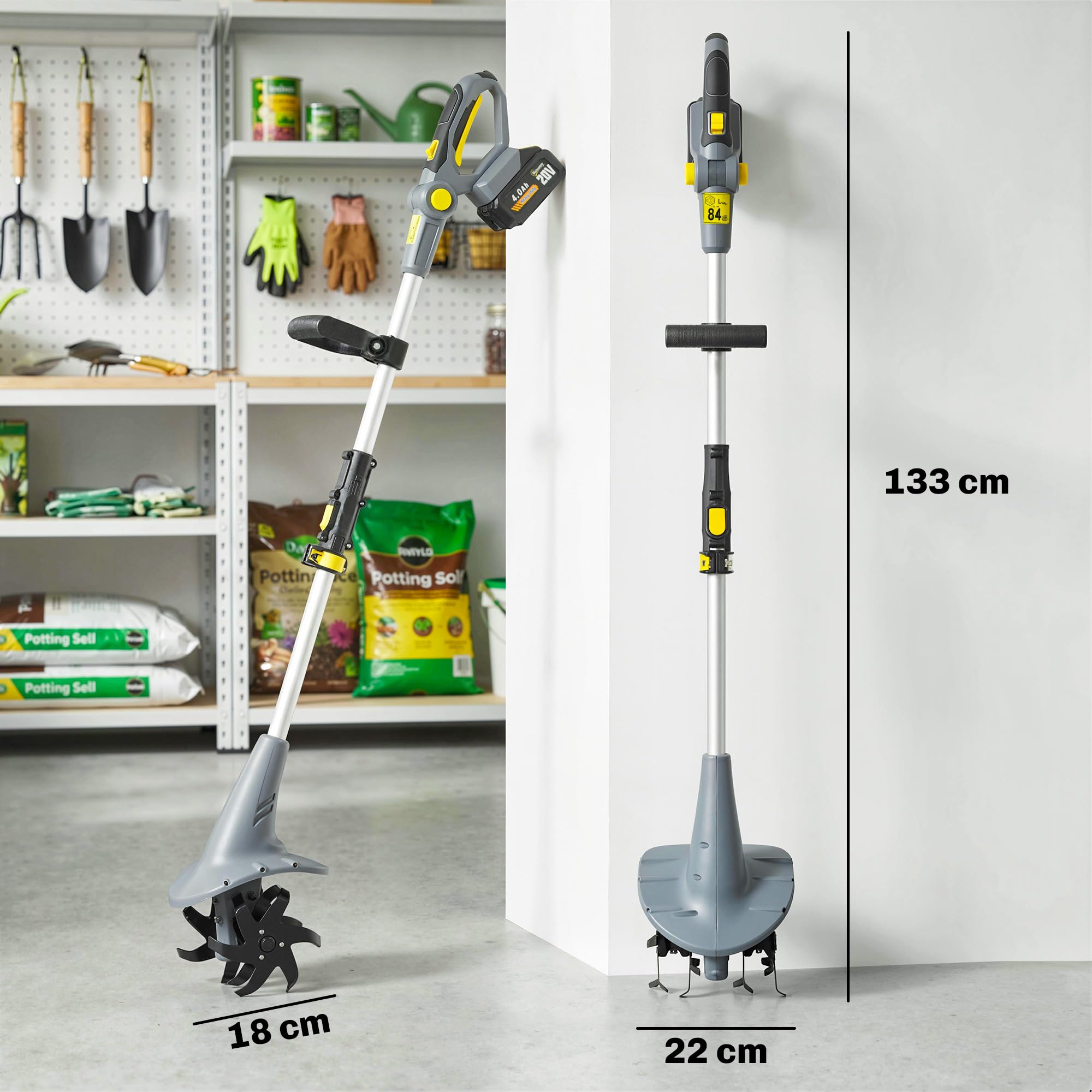 Outsunny Motobineuse sans Fil 18V - Motoculteur Électrique 355W avec 2 Batteries 4,0Ah - Léger et Anti-Mal de Dos, Largeur 20cm - Kit Complet pour Ameublir Le Sol, Potager et Seniors, Gris