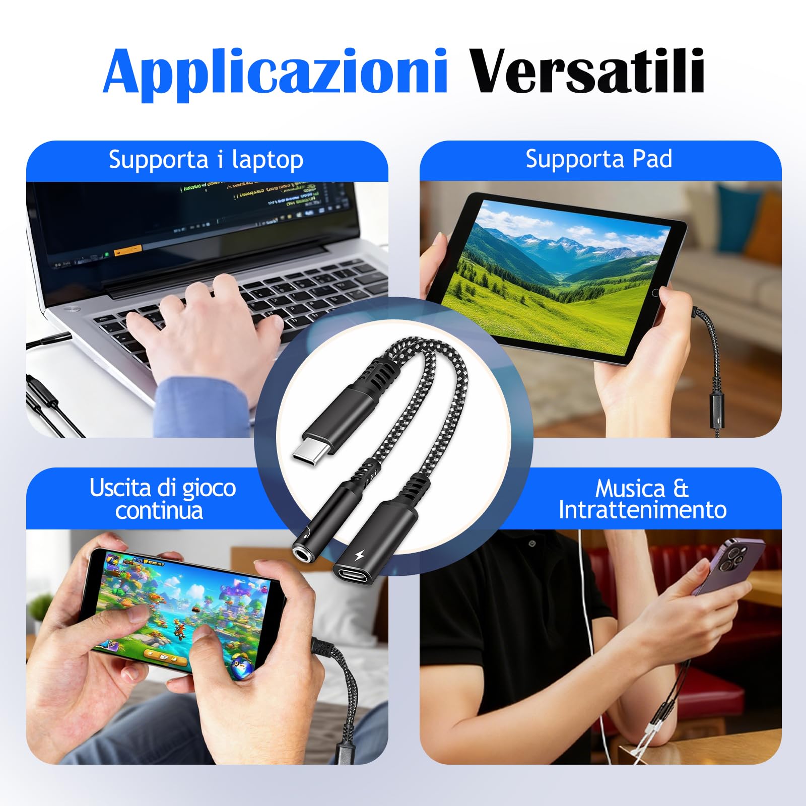 Adattatore per Cuffie USB C 2 in 1 Jack 3,5mm PD 60W Ricarica Rapida Audio AUX Hi-Res