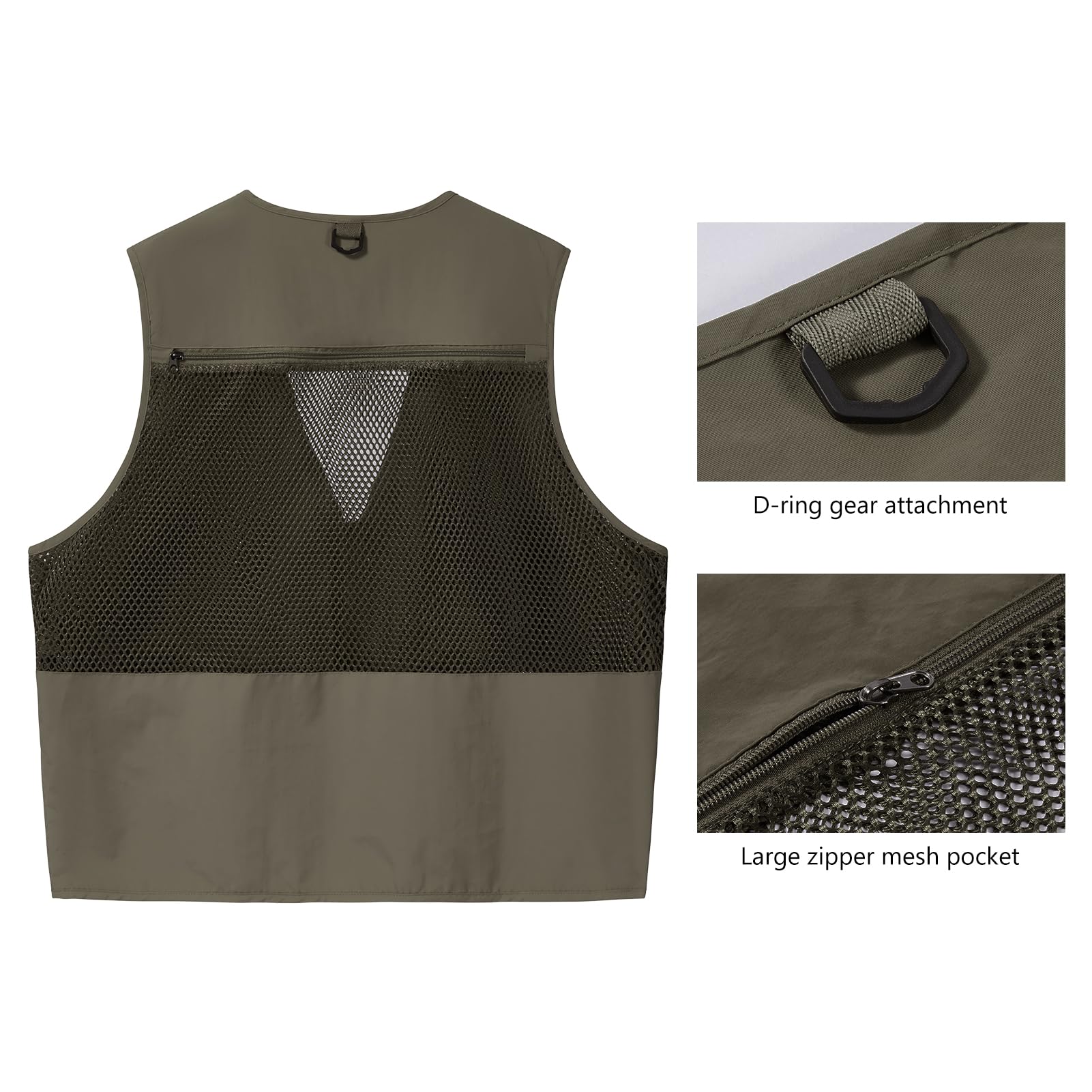BASSDASH Gilet cargo da pesca da uomo e donna, per attività all'aperto, safari, fotografia, con tasche multiple sul retro in rete, FV14