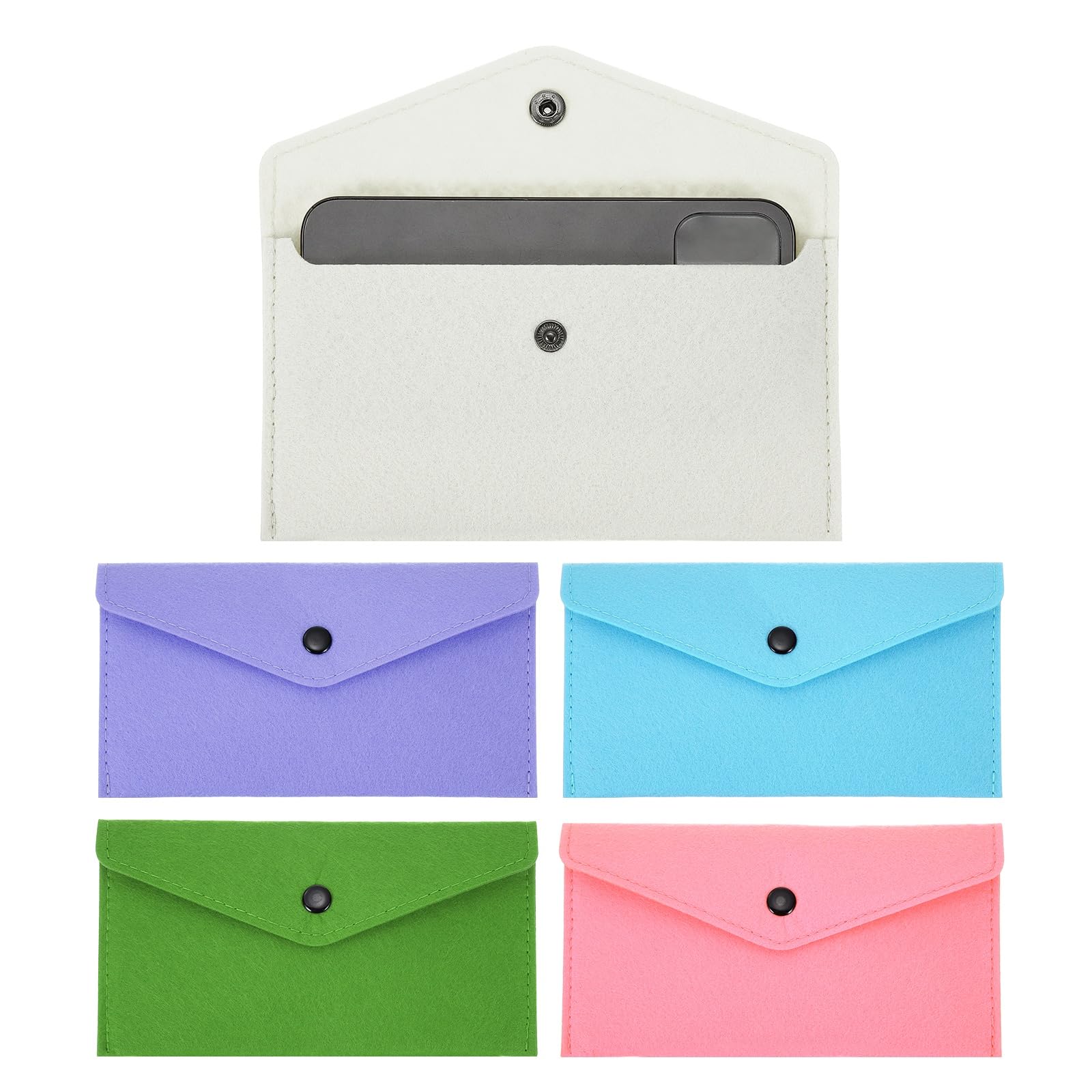 PATIKIL 5Pcs Felt Money Bag, Felt Cellphone Sleeve Case Pouch Cash Bag Button Closure Cash Envelope Wallet Storage Pouch for Card Pen Sunglasses, 5 Colors-2