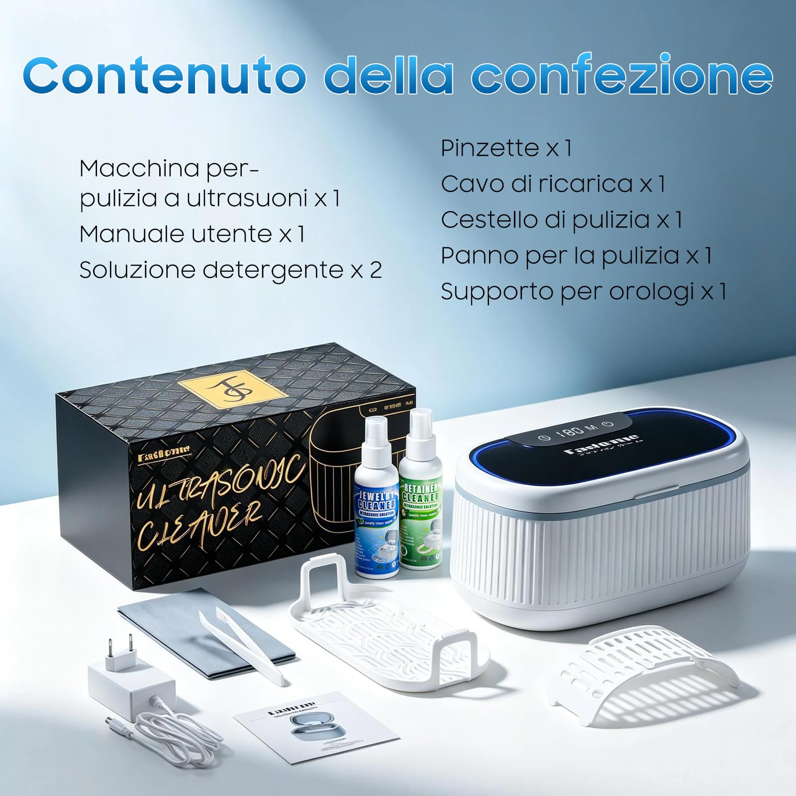 Fashome Pulitore Ultrasuoni con 2 flaconi di liquido detergente da 100 ml | 45 kHz, 3 modalità, serbatoio in acciaio inox da 550 ml, per gioielli, occhiali, orologi e protesi dentali, cestino per la