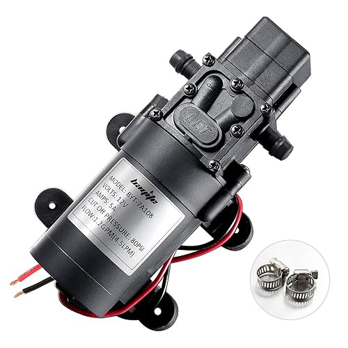 bayite 12V DC Water Transfer Pump with 2 Hose Clamps 12 Volt Diaphragm Pump Self Priming Sprayer Pump with Pressure Switch 4.5 L/Min 1.2 GPM 80 PSI for Weed ATV Marine Boat