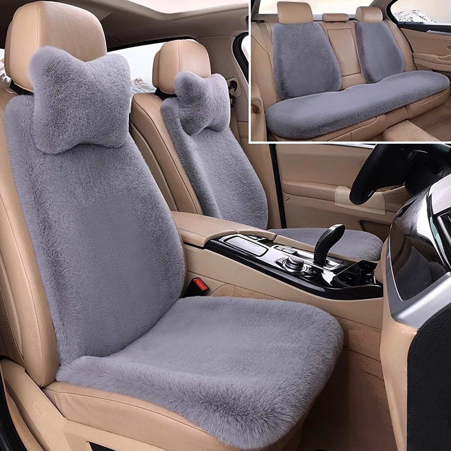 Winter Fluffy Plush Warm Leopard Dots Car Seat Cushion Cover 9Pcs Universal Anti-Slip Faux Bunny Fur Car Seat Cover Auto Front & Back Seat Pad for Car Pickup SUV (Grey, 9Pcs)