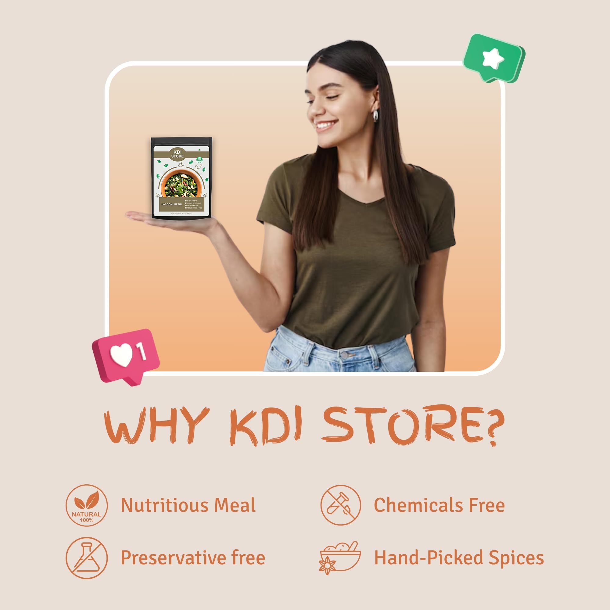 KDI Store Lasooni Methi, USDA Organic Ready-to-Eat Indian Curry, Freeze-Dried, Garlicky Spiced,50g