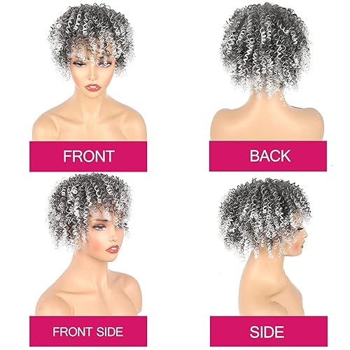 Miniatura 10 de Oseti Pieza de pelo corto negro afro rizado rizado para mujer, piezas de cabello sintético con clip para mujeres con cabello fino, pelucas negras