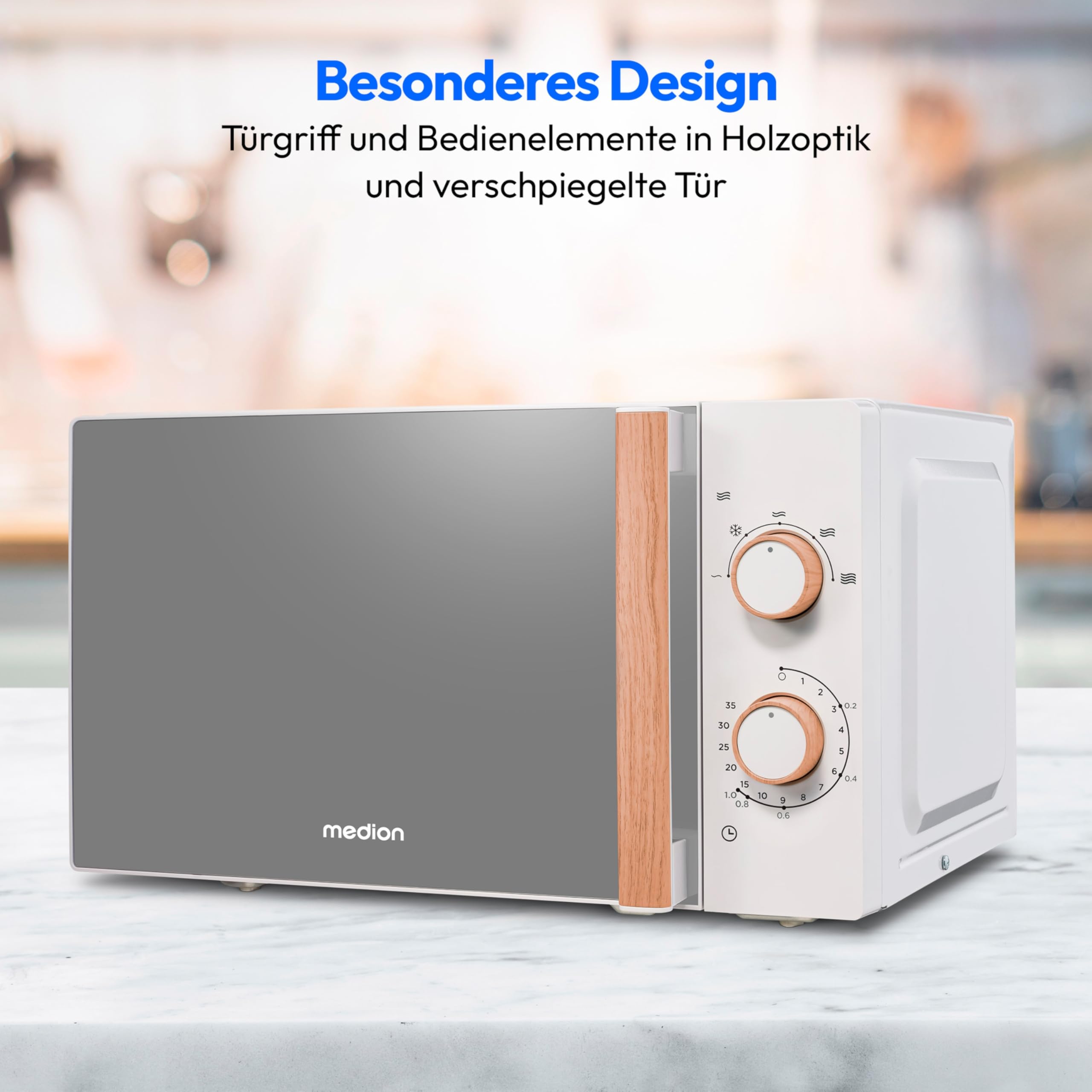 MEDION Mikrowelle klein (Holzoptik, Freistehend, 20 Liter, 700 Watt, Verspiegelte Tür, 5 Leistungsstufen, Auftaufunktion, Zeitschaltuhr, MD10596) weiß
