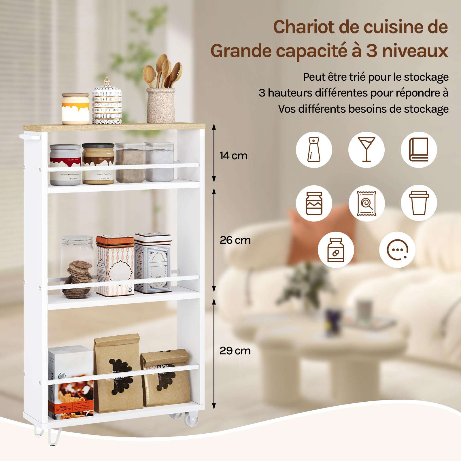 WOLTU Desserte à roulettes, Chariot de Rangement à 3 Niveaux, Desserte Cuisine, Chariot de Service, Étagère roulettes, avec Poignée et Freins, 47x80x13 cm, Chêne Clair + Blanc