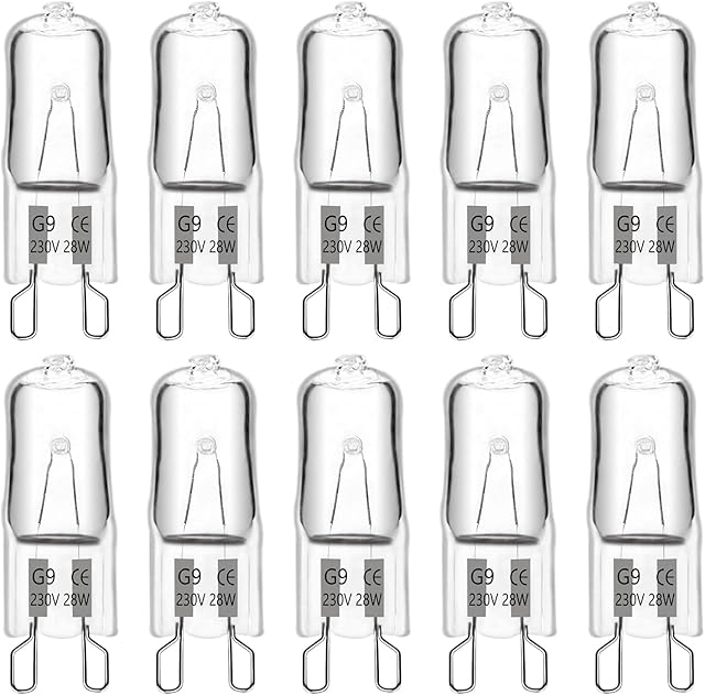 G9 Halogen Light Bulbs 230V 28W Dimmable, 370LM Warm White 2700K, 360° Beam Angle, No Flicker, G9 Halogen Capsule Bulbs for Cooking Lighting, Wax Lamp, RV Light, Chandelier and Ceiling Lights, 10 Pack