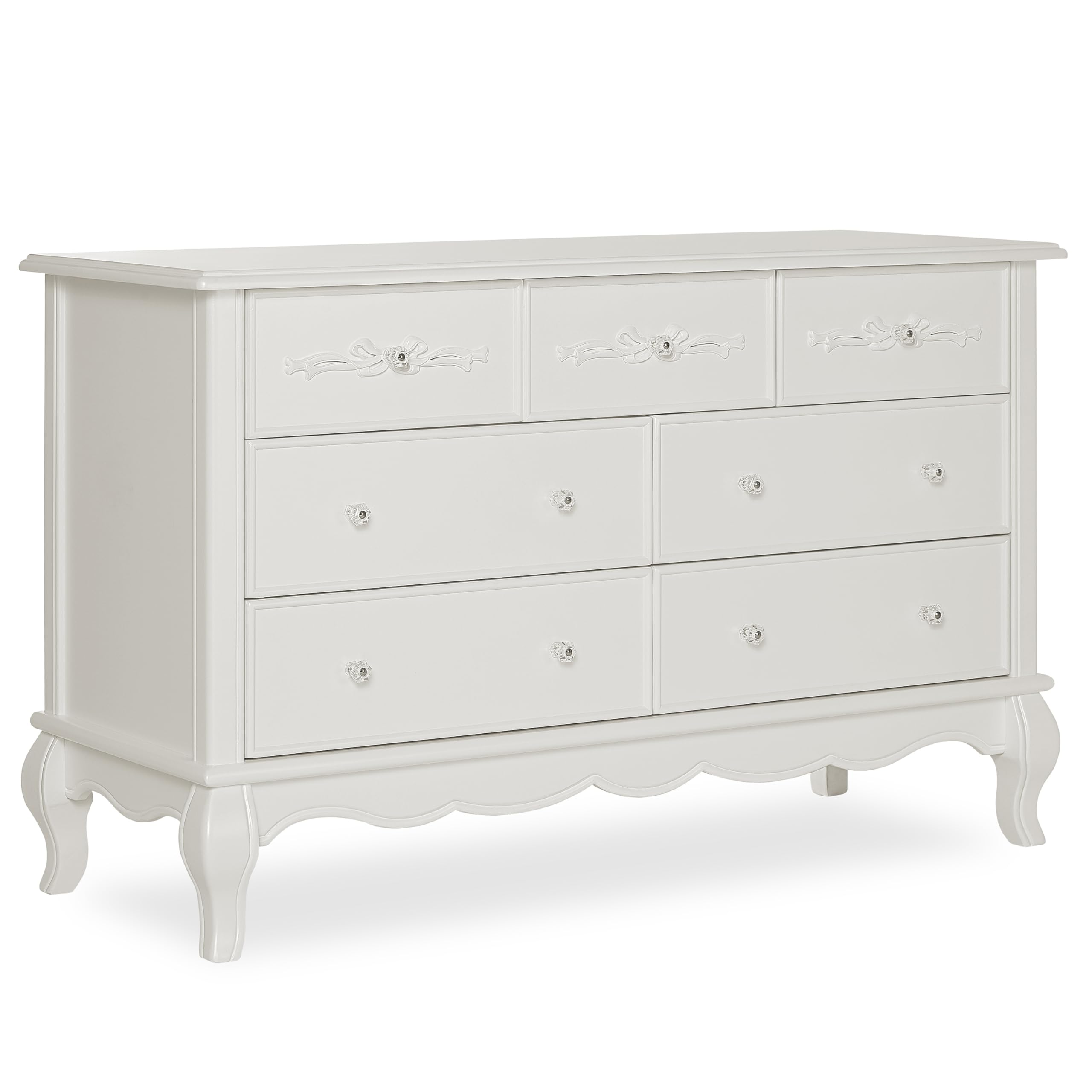 Evolur Aurora 7-Drawer Nursery Dresser – Ivory Lace | Assembled Double Dresser with Crystal Knobs, Queen Anne Legs, Large Storage for Baby Essentials
