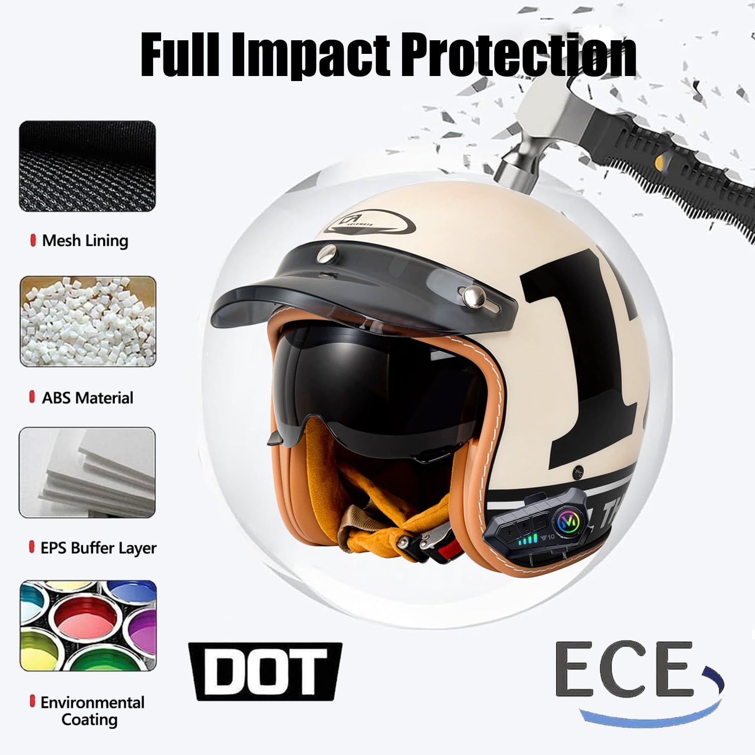 Casque Jet Vintage 3/4 avec Bluetooth et Visière, Casque de Moto Ouvert, Approuvé ECE et Dot, Unisexe Compatible avec Scooter, Cruiser et Vélo