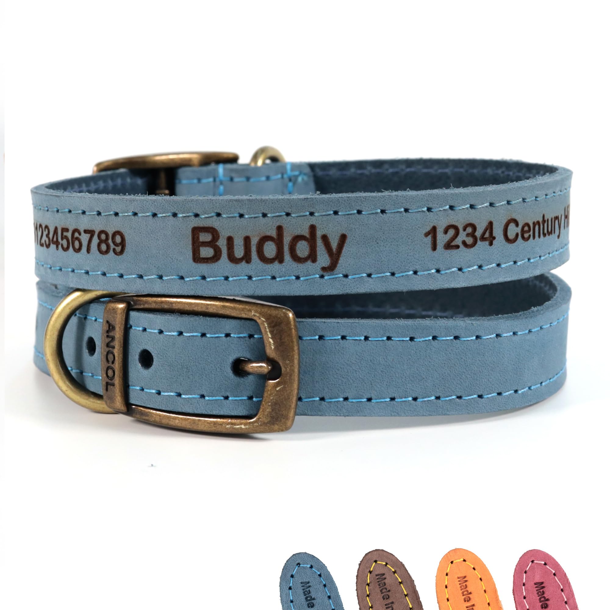 Personalised Custom Leather Dog Puppy Collar + Optional Lead | Design Your Unique Pet ID Tag | Laser Engraved - Size 6, Blue โ image 1