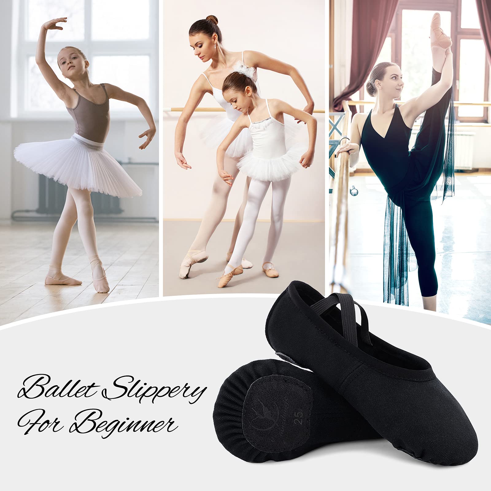 Zapatillas de Danza para niñas Zapatos de Ballet Lona elástica con Suela de Cuero Dividido Negro marrón Rosa