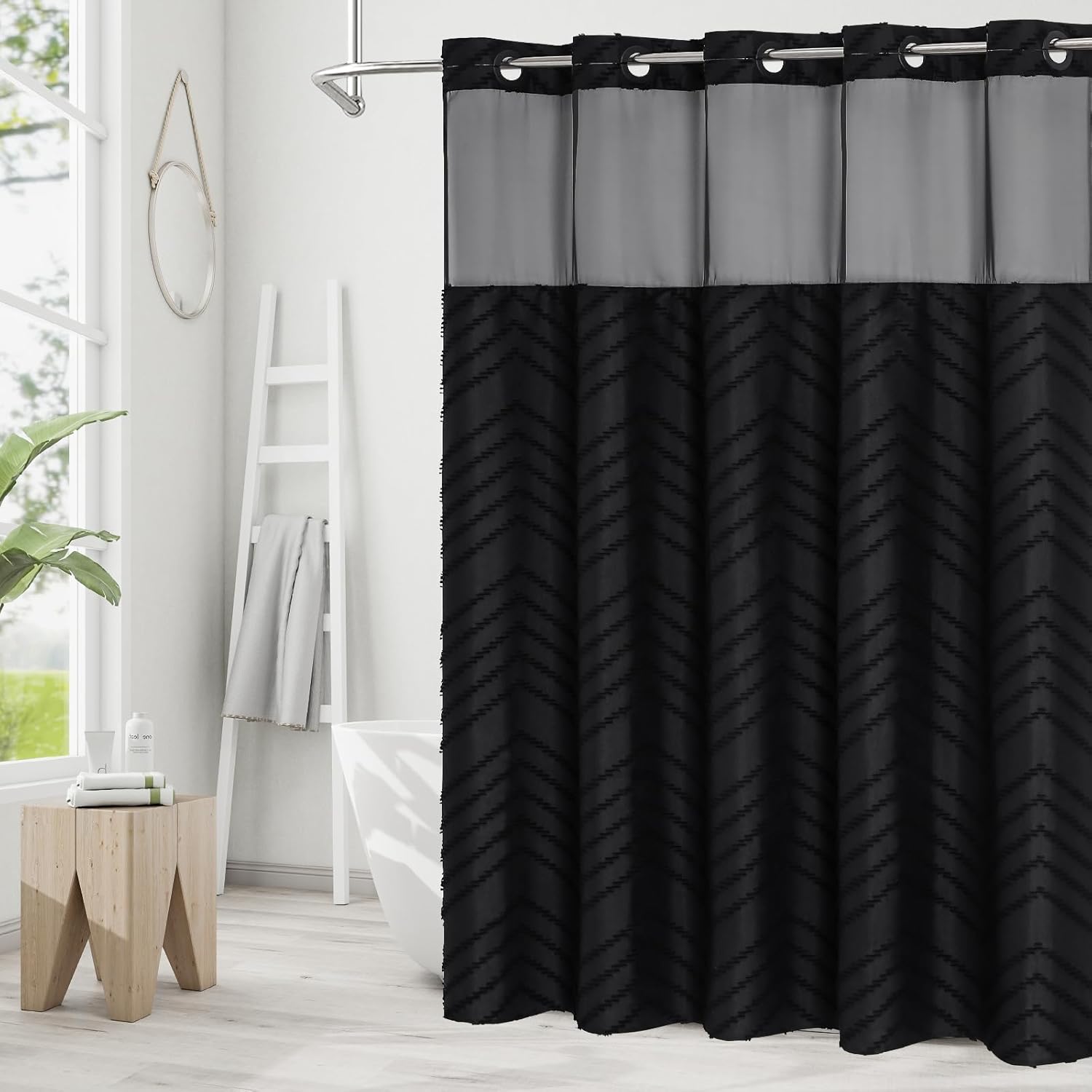 No Hooks Boho Black Shower Curtain Set with Snap-in Liner, Farmhouse Woven Fabric Tufted Chevron Striped Textured Shower Curtain, Modern Style with See Through Window 72 x 74