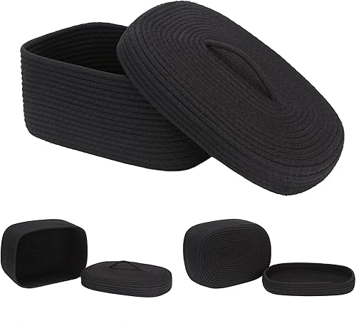 Miniatura 5 de Sea Team Cesta de almacenamiento ovalada de cuerda de algodón con tapa, contenedor de almacenamiento tejido con tapa, contenedor de almacenamiento