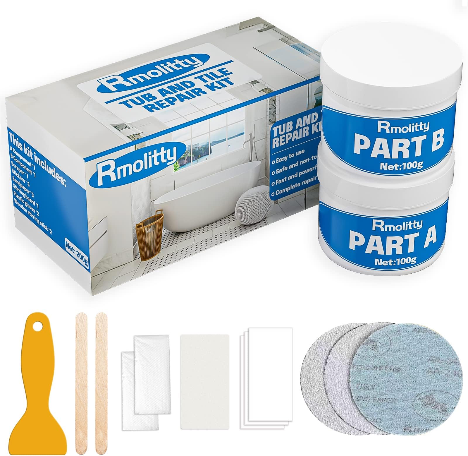 Rmolitty Tile and Shower Repair Kit, Waterproof and Leak-Proof Bath Repair Kit to Repair Scratches, Holes, Cracks, 200g Tub