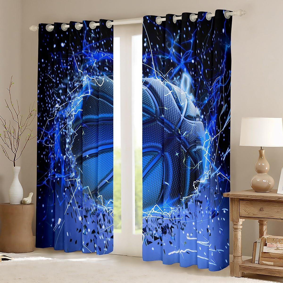Castle Fairy Basketball Window Drapes Bedroom Decoration,3D Basketball Print Ball Game Window Treatments Polyester 52Wx84L,Sports Theme Lightning Blue Window Curtains (Not Blackout)