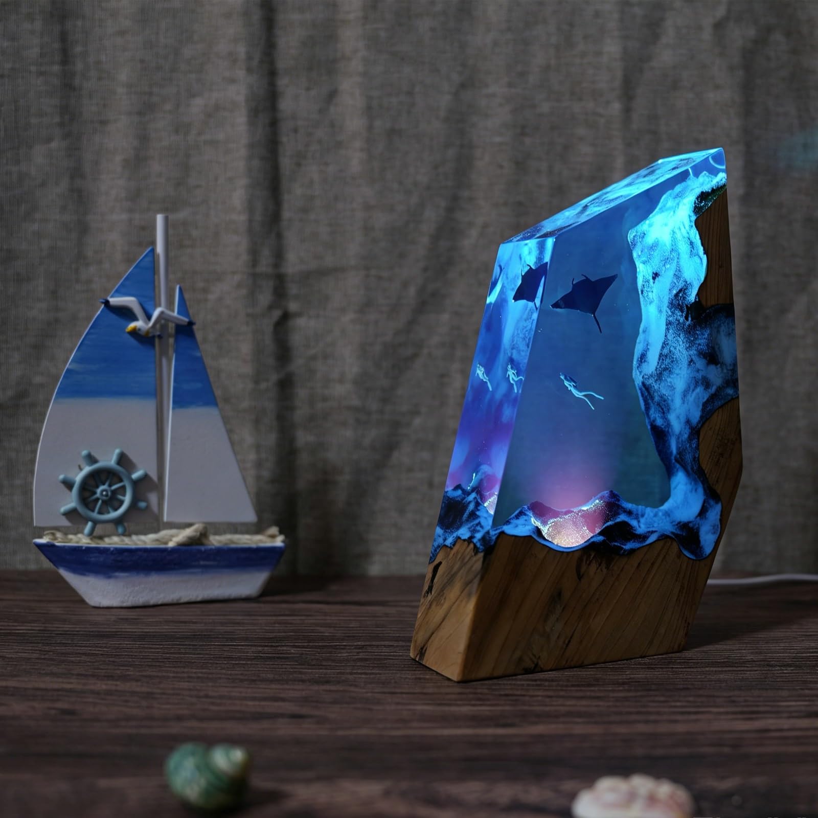 FGJtguE Woods lamp, with Multiple Marine Themes,Handcrafted Epoxy Wood Night Light for Desk Decor,Birthday Lovers(G)