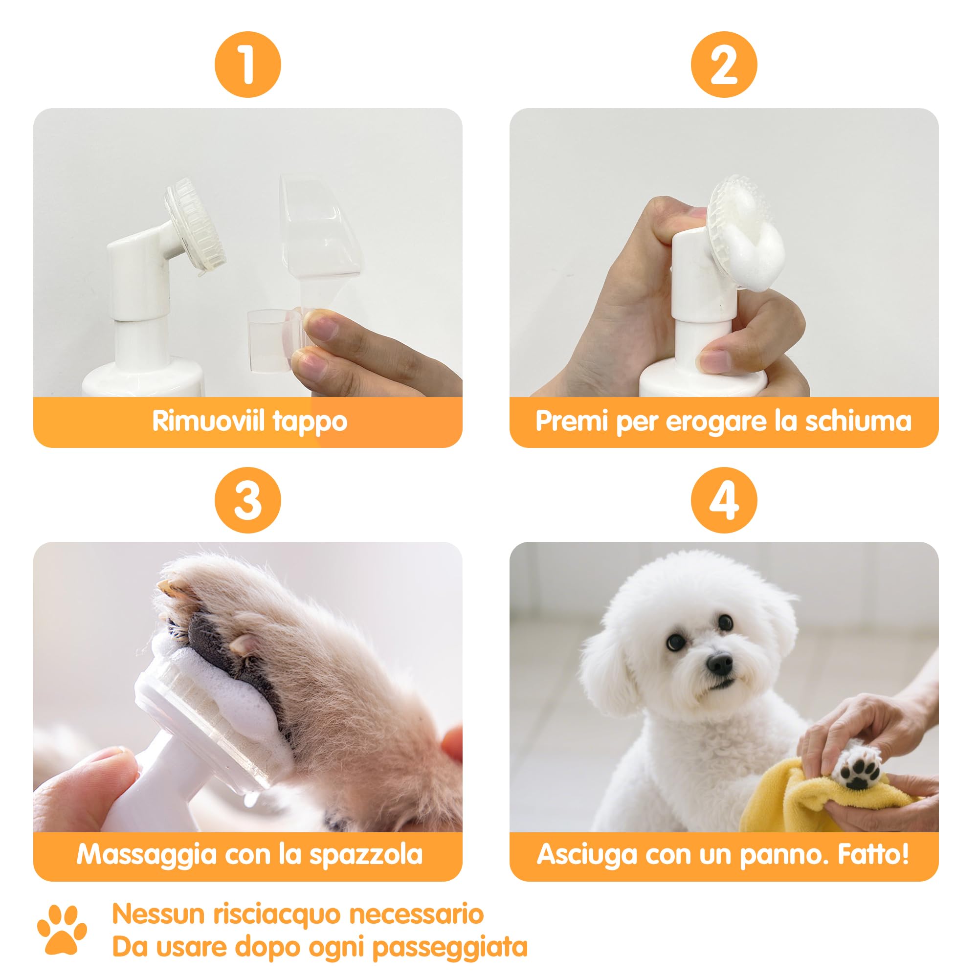 Aspand Detergente per Zampe per Cani e Gatti, Schiuma Naturale per Pulire le Zampe Senza Risciacquo, Spazzola Per Pulizia Dei Piedi, Detergente Senza Acqua, Lavaggio Antiodore