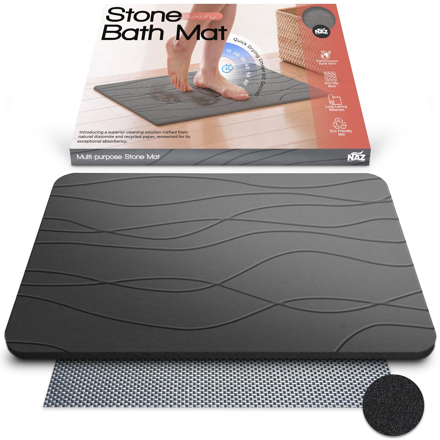 Stone Bath Mat – XL Non-Slip Diatomite Earth Mat for Bathroom or Kitchen – Quick-Drying, Super Absorbent, and Easy to Clean