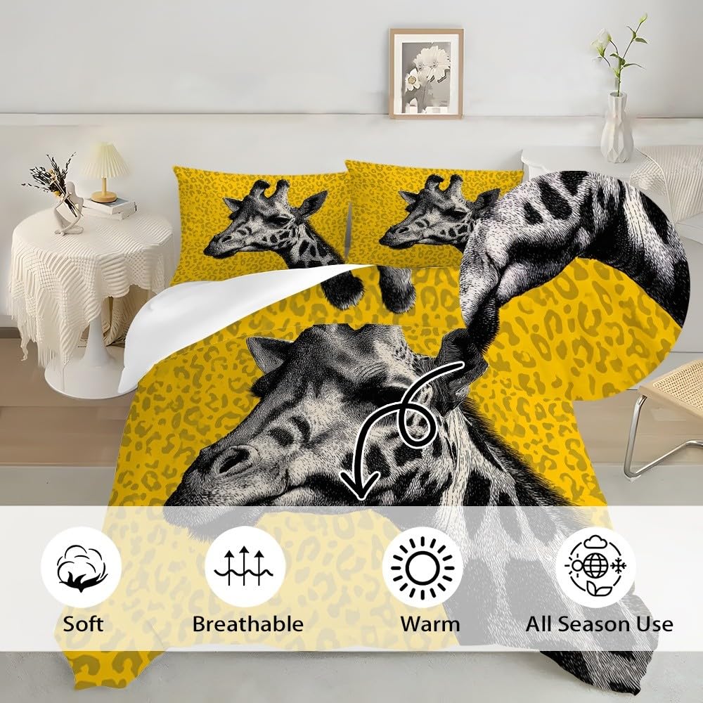 3-częściowy komplet pościeli 200 x 200 cm, żyrafa, kreatywny motyw zwierzęcy, miękka poszewka na kołdrę dla dorosłych, dzieci, żółta poszewka na kołdrę i 2 poszewki na poduszkę 80 x 80 cm, na łóżko