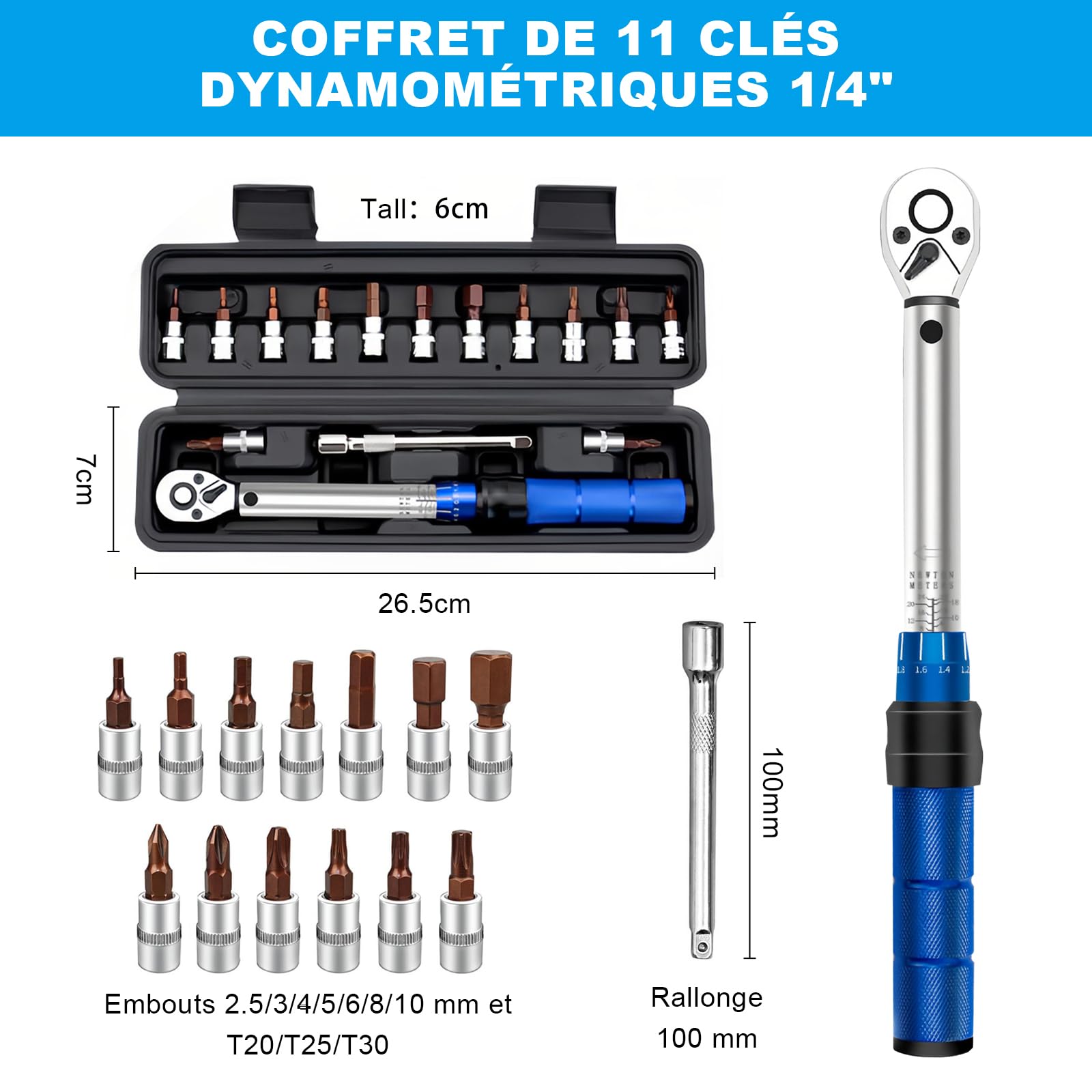15 Pièces Clé Dynamométrique 1/4", Précision ±3%, 2-24Nm Cle Dynamométrique Velo, Cliquet Réversible à 72 Dents, Rallonge de 100 mm pour Vélo/Moto/Route