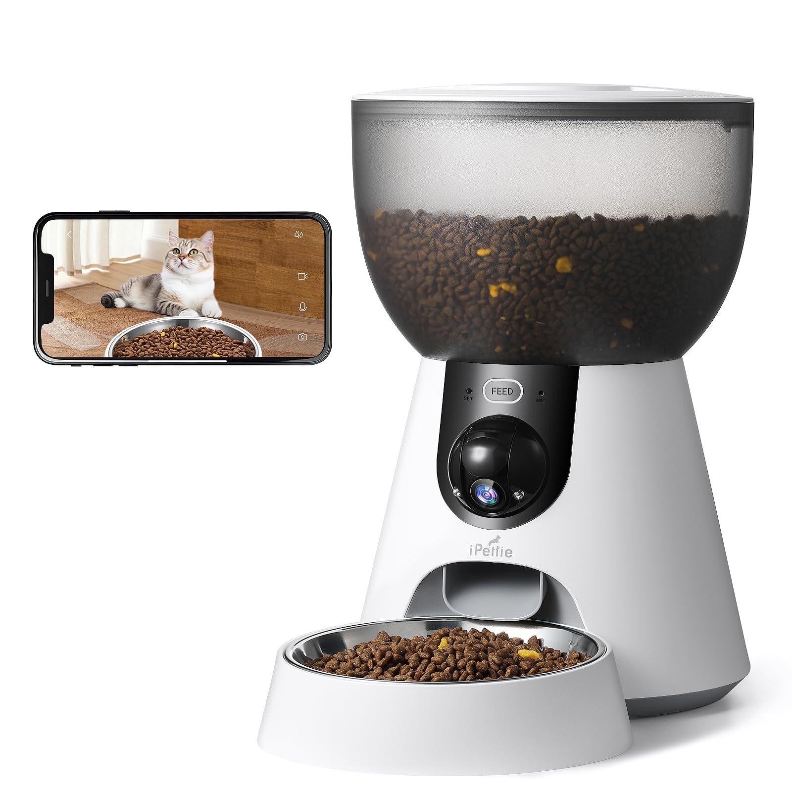 iPettie F4-C Smart Automatic Pet Feeder with 160° Wide-Angle Camera, 5G WiFi Connectivity, 2K HD, Motion & Sound Detection, 2-Way Voice Interaction, Night Vision, Stainless Steel Food Dispenser