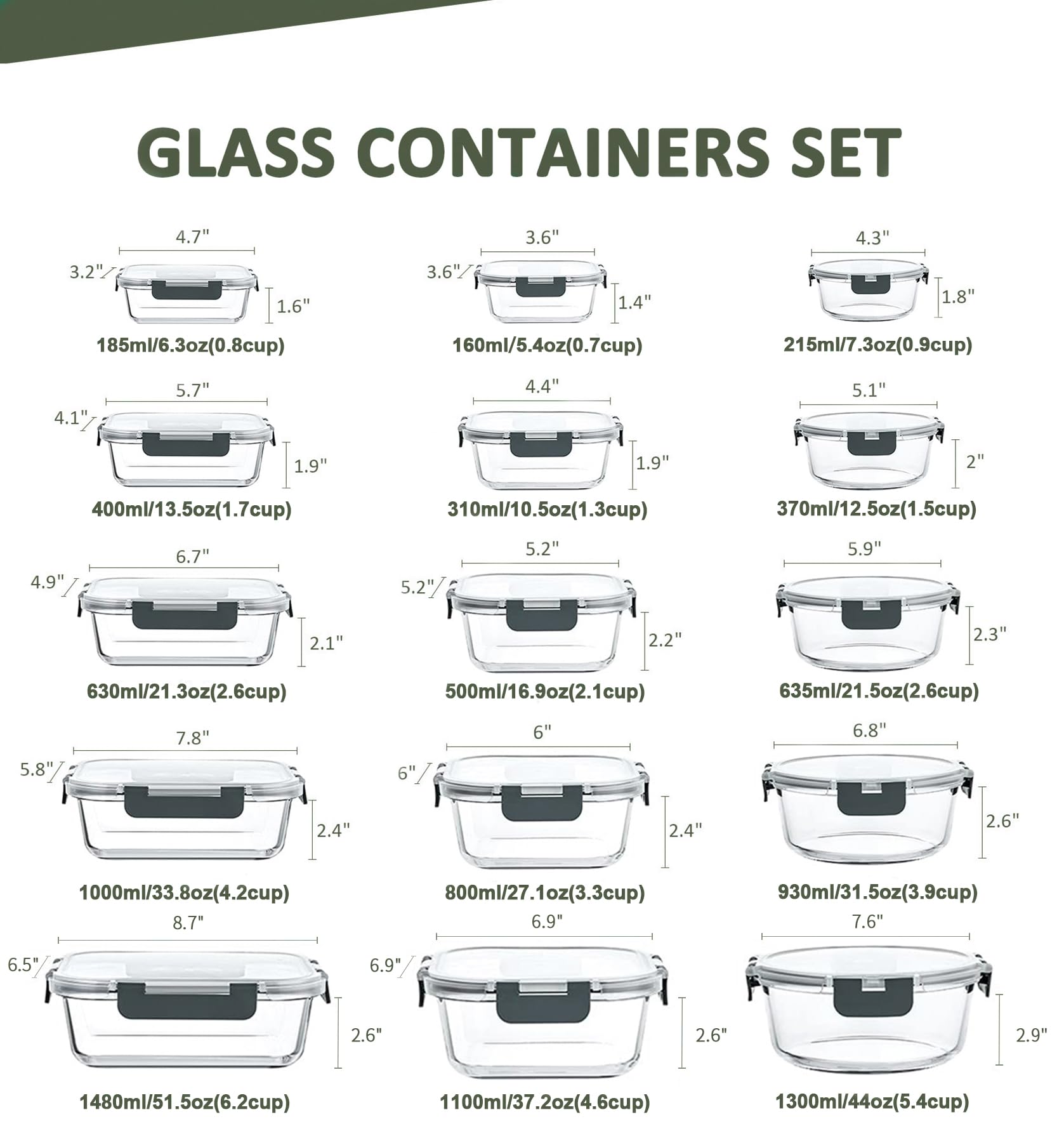 KOMUEE Set di 30 contenitori per alimenti in vetro, con coperchi a scatto, ermetici, per microonde, forno, congelatore e lavastoviglie, grigio