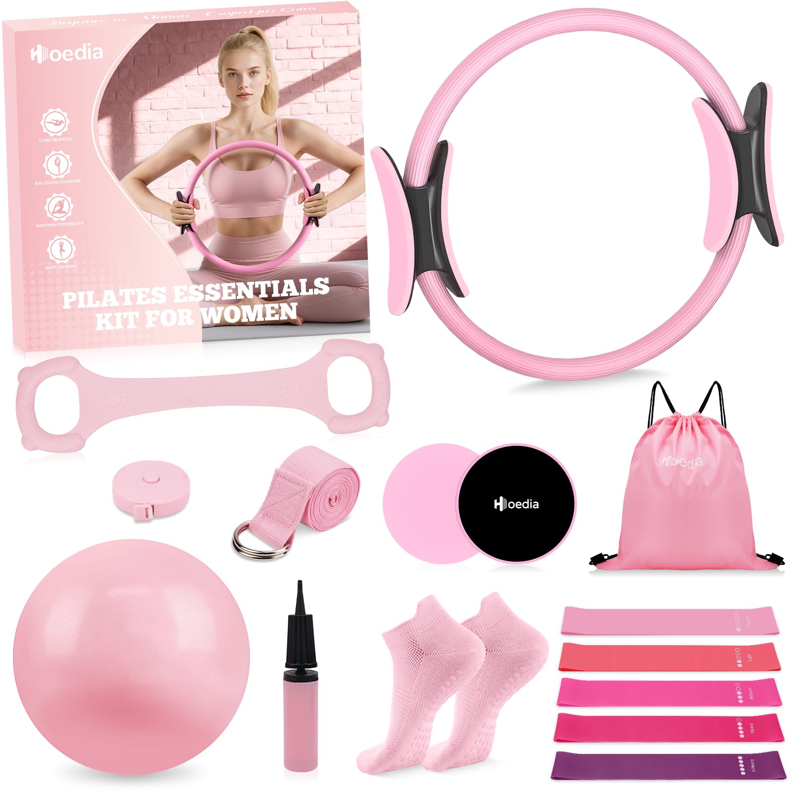 Hoedia Pilates Kit for Women, Pilates Equipment Ring and Ball Set with Resistance Bands, Yoga Strap, Core Sliders, Socks, Bag & Guide for Starter Home Workout Fitness Gym Essentials, Pink