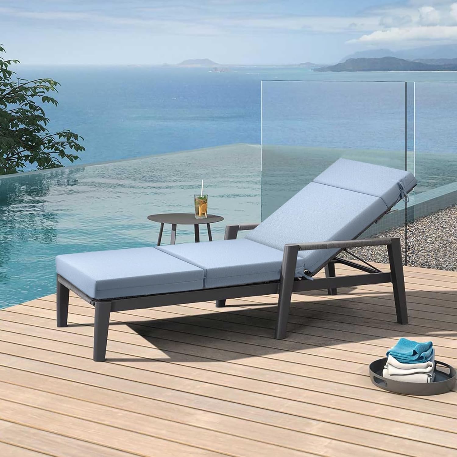 Pcinfuns Chaise Lounge Cushion 72x21x3 Inch, Outdoor Water-Repellent UV Resistant Patio Recliner Cushion, Replacement Lounger Pad with Ties & Removable Cover for Poolside Garden Beach, Light Blue