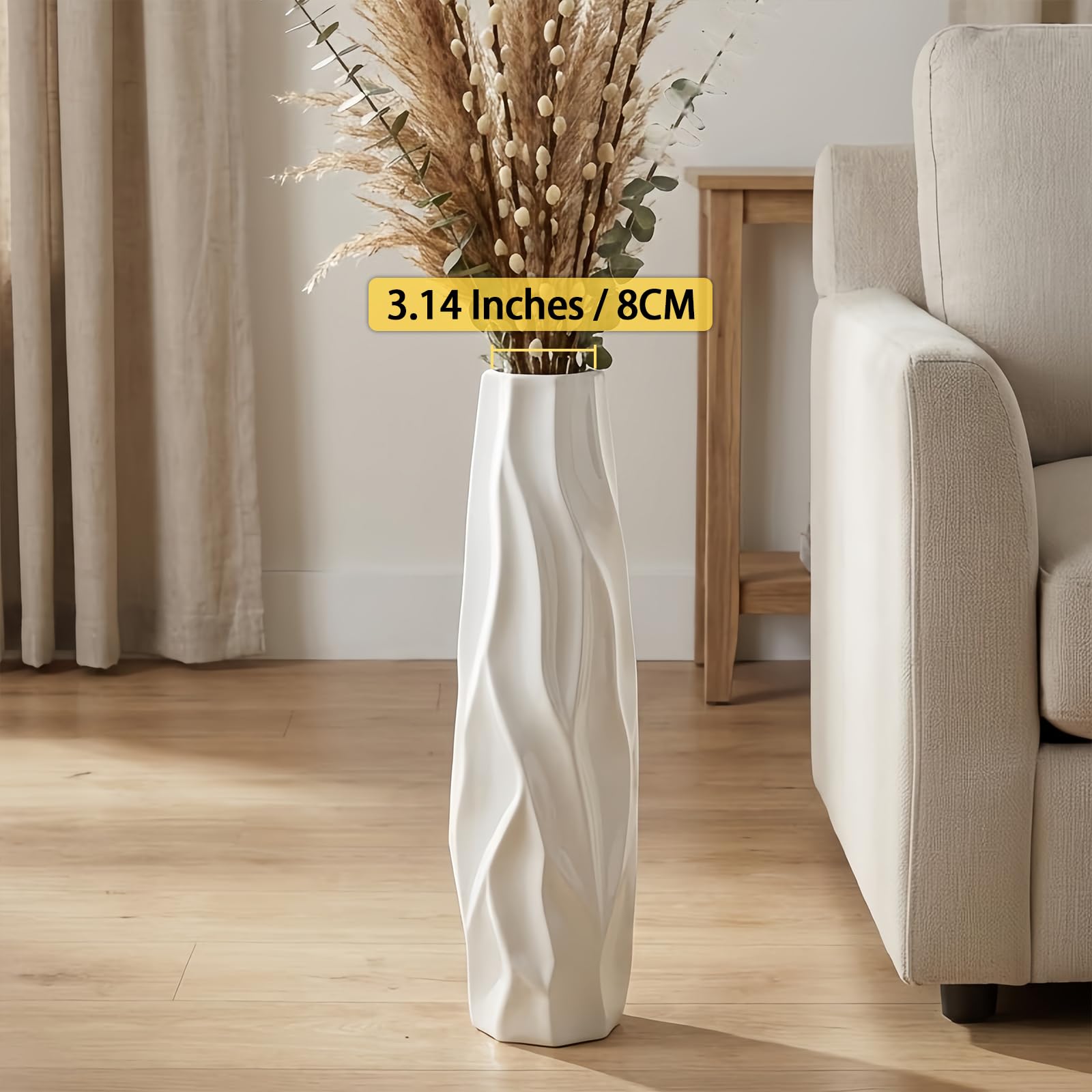 Jarrón grande de cerámica blanca de 60 cm para salón, oficina y dormitorio, elegante jarrón de flores para hierba de las Pampas