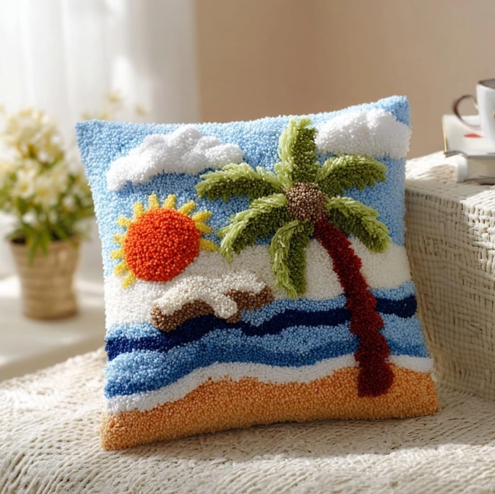 AxiangziK Latch Hook Pillow Kit 43x43cm,Tropical Coconut Trees DIY Cushion Cover for Sofa Bedroom Decor,Pre-Printed Canvas Craft Set for Adults Beginners