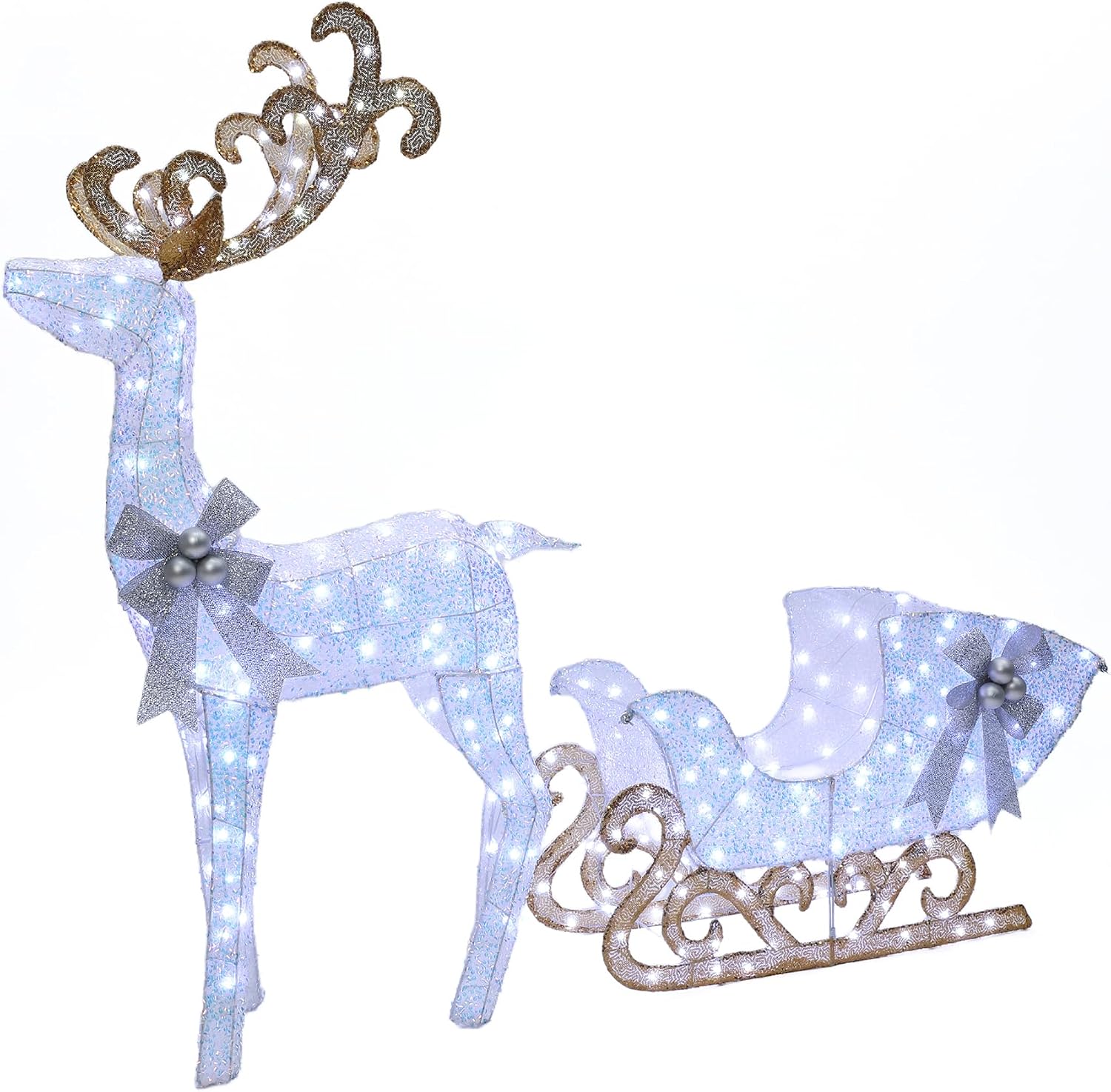 LuxenHome Lighted Reindeer Christmas Outdoor Yard Decorations, Prelit Reindeer and Sleigh Indoor & Outdoor Christmas Decor with 240 LED Lights, Xmas Decorations for Front Porch, Lawn, Garden Display
