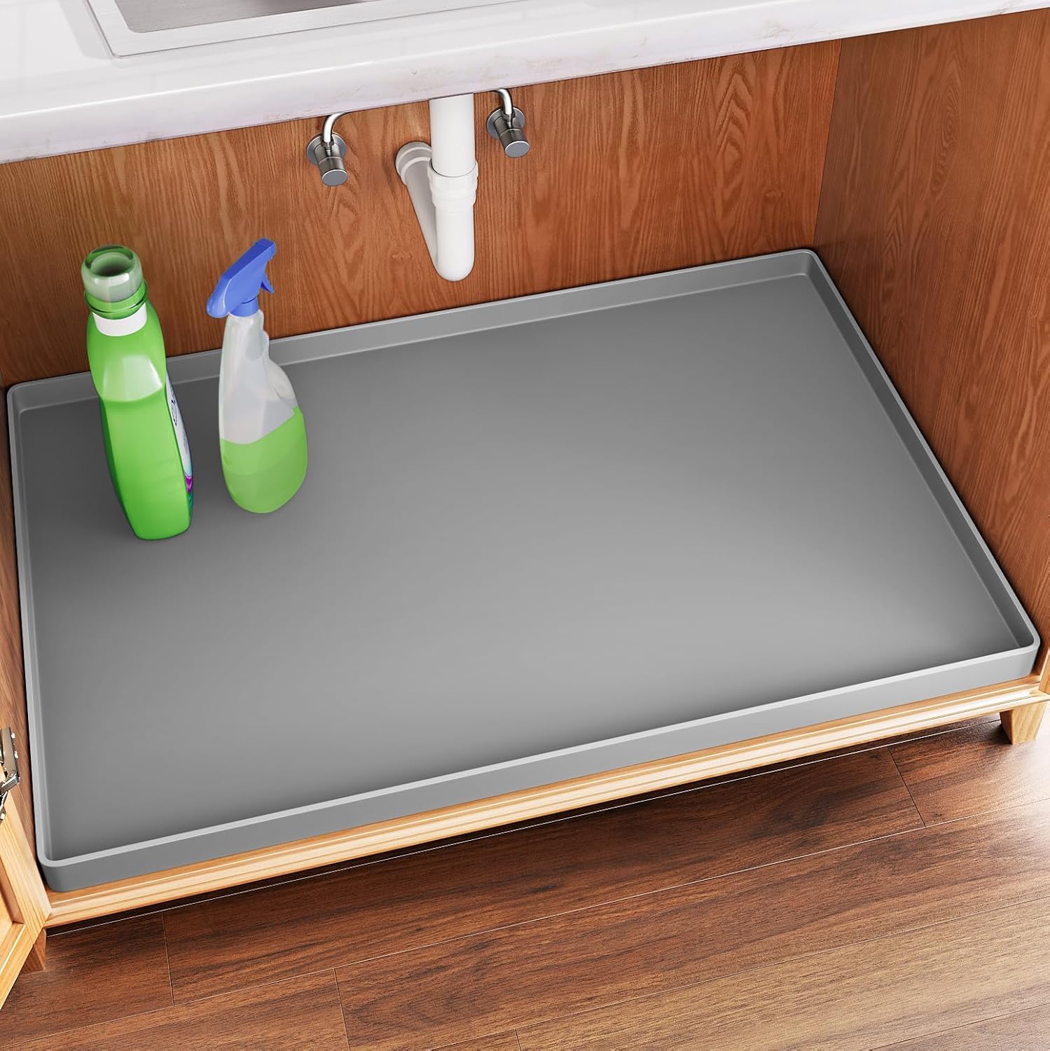 valuxeValuxe Waterproof Under Sink Mat with Raised Edge - 22” x 28” Silicone Mat Cabinet Liner for Kitchen & Bathroom, Shelf Protector Silicone Under Sink Drip Tray, Kitchen Cabinet Organizer Gray