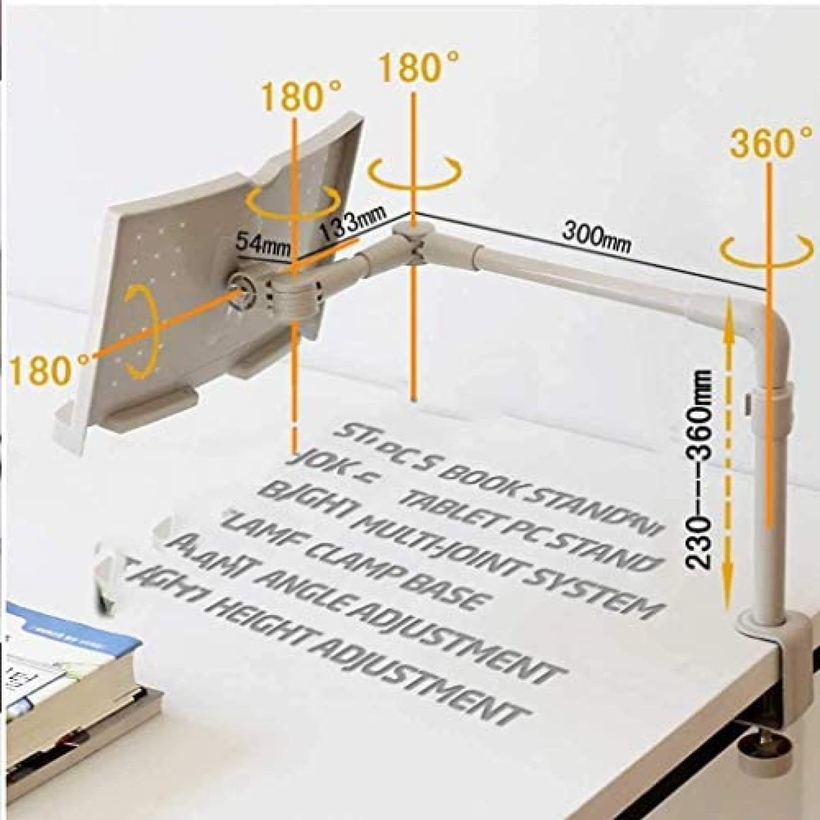 Supporto per Libri Supporto per Libri con Angolo e Lunghezza Regolabili, ruotabile a 360 Gradi - Leggio per Libri di Cucina, Cartella per Libri da Tavolo con Supporto per spartiti con Clip